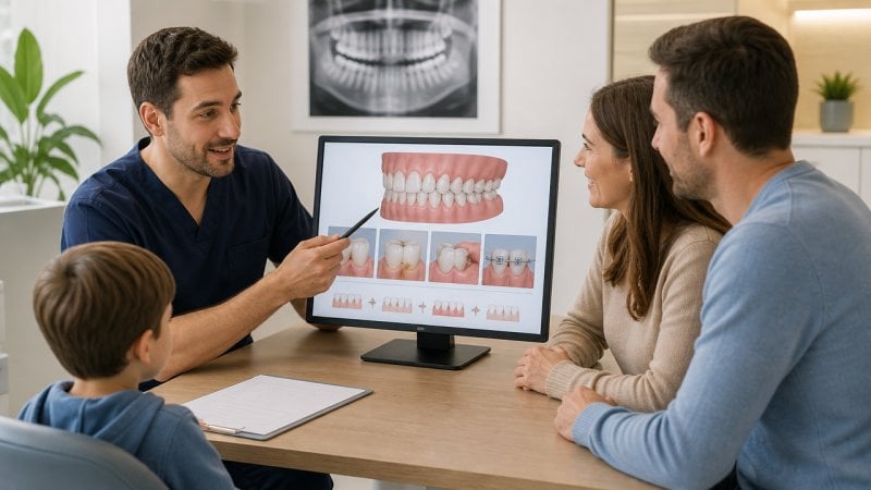 Un dentiste qui présente un plan de traitement dentaire aux parents d'un enfant