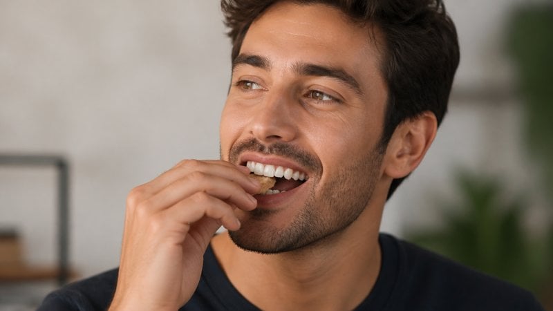 Un homme en train de macher avec de jolies dents et avec un beau sourire