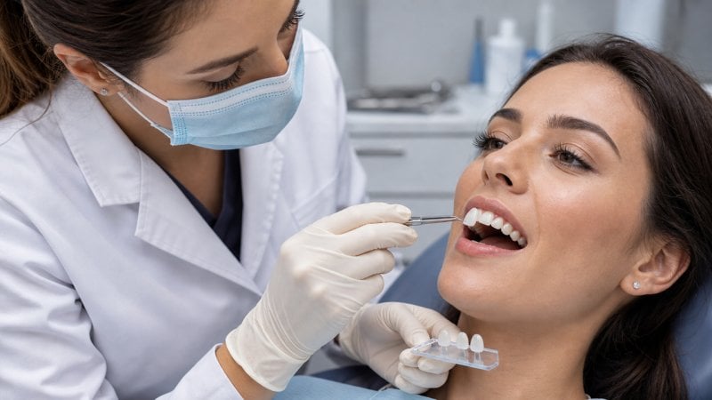Une dentiste en train de poser des facettes dentaires