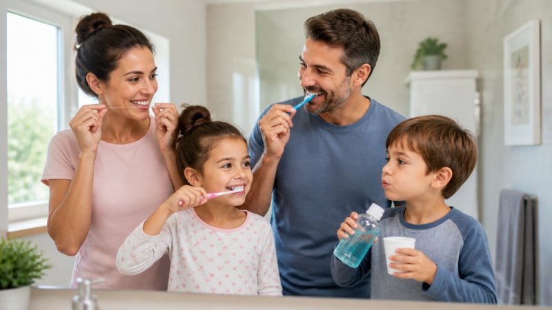 Une famille qui suit leur rituel d'entretien dentaire